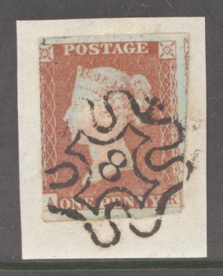 1841 1d Red cancelled by a 8 in Maltese Cross SG 8m lettered A.K.  A Very Fine Used example with 3 Good to large margins tied to Piece.