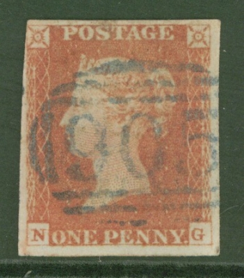 1841 1d Red  N.Q. Cancelled by a Blue Wolverhampton Numeral  SG 8p   A Very Fine Used example with 3 Good Margins 4th Ma…