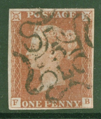 1841 1d Red cancelled by a 5 in Maltese Cross SG 8m lettered F.B.  A Very Fine Used example with 4 Clear to large margins.