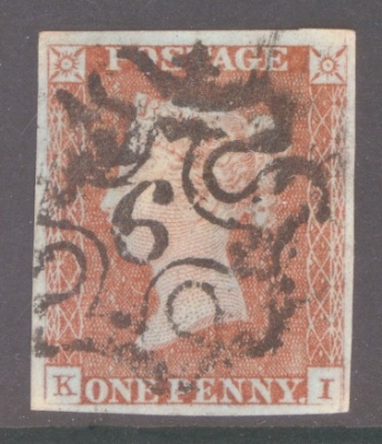 1841 1d Red  Cancelled by a 6 in Maltese cross SG 8m Plate 27 K.I.  A Fine Used example with 4 Good Margins