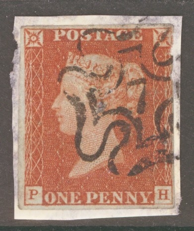 1841 1d Red  Cancelled by a 7 in Maltese cross SG 8m P.H.  A Fine Used example with 3 Good Margins tied to small piece.