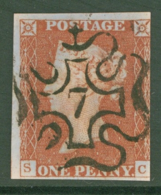 1841 1d Red  Cancelled by a 7 in Maltese cross SG 8m  S.C.  A Very Fine Used example with 3 margins. Cat £350