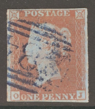 1841 1d Red  Cancelled by a Blue Numeral SG 8p O.J.  A Fine Used example with 4 Close to Good Margins. Cat £250