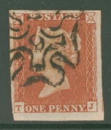 1841 1d Red  Cancelled by a 9 in Maltese cross SG 8m Plate 30  T.J.  A Very Fine Used example with 4 Good to Extra Large margins.