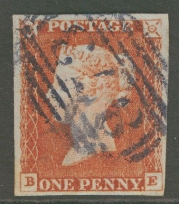 1841 1d Red  Cancelled by a Blue Weymouth Numeral  B.E.  SG 8p   A Very Fine Used example with 4 Large to Extra Margins.…