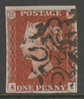 1841 1d Red  A. I. Cancelled by a 10 in Maltese cross SG 8m A VFU example with 4 margins