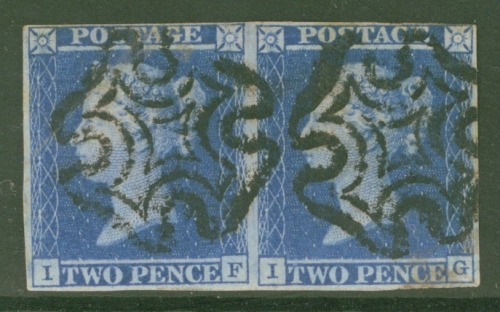 1841 2d Blue SG 14 Plate 3 IF-IG  A Fine Used pair with 3 Close to Good margins cancelled by a Black M/X