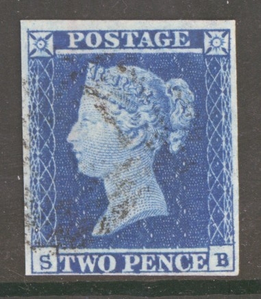 1841 2d Blue SG 14 Plate 3 S.B.  A Very Fine Used example lightly cancelled with 4 Clear to Good Margins