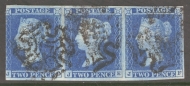 1841 2d Blue  SG 14 Plate 3 Lettered JD - JF   A  Fine Used strip of 3 Cancelled By a Black M/X.