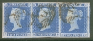 1841 2d Blue SG 14  Plate 3    A  Very Fine Used Strip of 3 with 4 Large to Extra Large Margins.