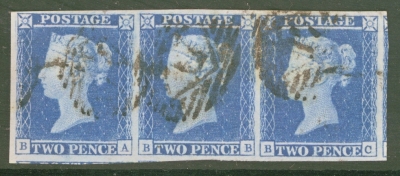 1841 2d Blue SG 14  Plate 3    A  Very Fine Used Strip of 3 with 4 Large to Extra Large Margins.