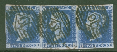 1841 2d Blue SG 14 plate 4 CJ - CL  A Good to Fine Used strip of 3 with 4 close to large margins