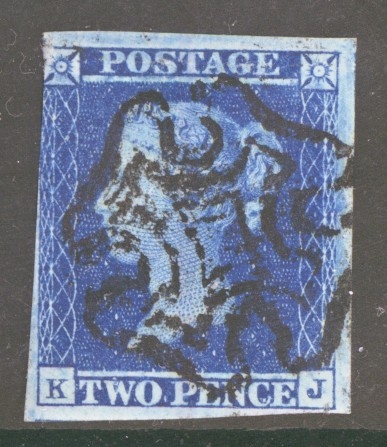 1841 2d Blue SG 14  Plate 3 K.J.  A Fine Used example with 3½ Margins Cancelled by a M/X. Cat £275