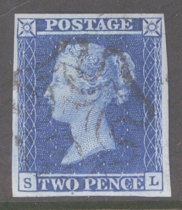 1841 2d Blue  SG 14 Lettered S.L   A Very Fine Used example with 4 Good to Large  margins neatly cancelled by a Black M/X