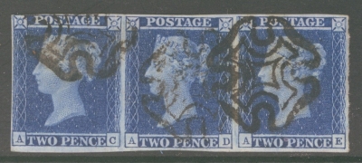 1841 2d Blue SG 14 plate 3 A Very Fine Used strip of 3 with 4 clear to large margins each neatly cancelled by a Black M/X