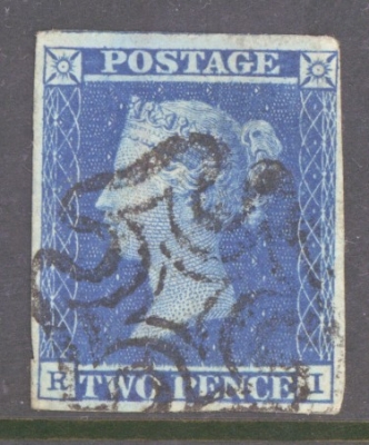 1841 2d Blue SG 14  Pl 3 R.I.  A Very Fine Used example with 4 Good Margins neatly Cancelled by a Black M/X. Cat £275