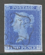 1841 2d Pale Blue SG 13  Plate 3 T.C.  A Very Fine Used example with 4 Good to Large Margins Cancelled by a M/X. Cat £275