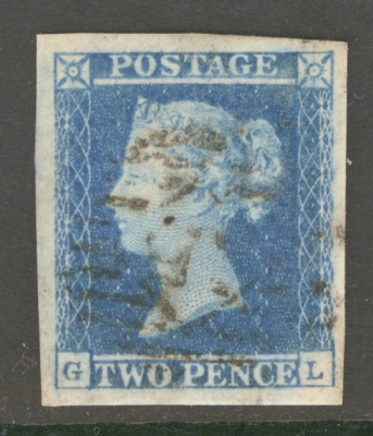 1841 2d Pale Blue SG 13 Plate 4  G.L.  A Very Fine Used example with 4 Extra Large Margins. Cat £110