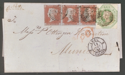 1847 1/- Green SG 55 A Fine Used example with 4 margins, just touching on the right neatly cancelled+ a strip of 3 1d Re…