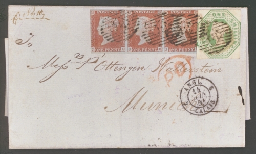 1847 1/- Green SG 55 A Fine Used example with 4 margins, just touching on the right neatly cancelled+ a strip of 3 1d Reds on cover to Munich.