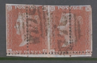 1854 1d Red Brown SG 24 with Huge Perforation Shift Dividing Stamps in Half  A Fine Used pair
