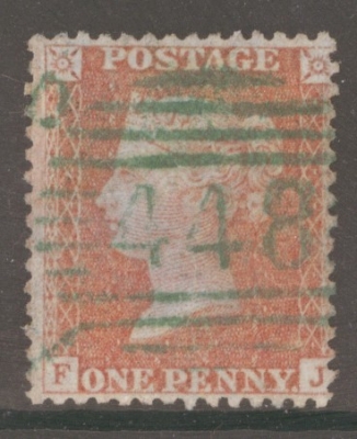 1854 1d  Red Brown SG 29 F.J.  A Very Fine Used example cancelled by a Green Town 448 (Leek Staffs) cancel