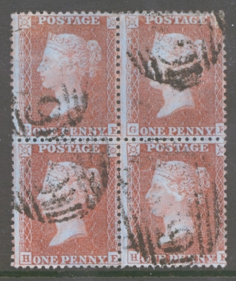 1854 1d  Red Brown SG 29  A Fine Used block of 4. Cat £400