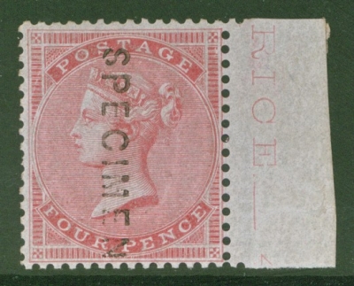 1855 4d Carmine SG 63s on Thick Glazed Paper overprinted Specimen. A Superb Fresh U/M marginal  example. Cat £1,200