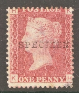 1858 1d  Red SG 43 Pl 146 with Specimen Overprint.  A Fresh Lightly M/M example. Small corner defect. Cat £225