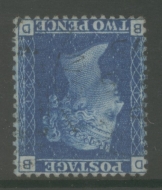 1858 2d Blue Plate 14 variety Inverted Watermark  SG 46wi. A superb Used example. Cat £300