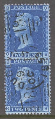 1858 2d Blue SG 45 Plate 7  A Very Fine Used pair neatly cancelled by a Dublin CDS - Numeral. Cat £130