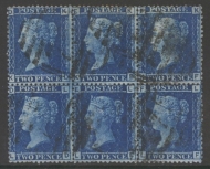 1858 2d Blue SG 45 plate 9  A fine Used Block of 6 Cat £