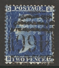 1858 2d Blue SG 45 Plate 9 Fine Used Cat £15