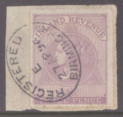 1860 Inland Revenue 3d Reddish Lilac SG F16 Used on Piece with Birmingham Registered cancel.