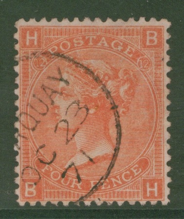 1865 4d Deep Vermilion SG 95 Plate 12  B.H.  A Superb Used example. Cat £75+ 100%