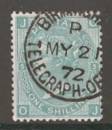 1867 1/- Green SG 117 Plate 5  O.J.  A Very Fine Used example cancelled by a Birmingham Telegraph Office CDS