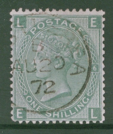 1867 1/- Green SG 117 Plate 4. E.L.  A Very Fine Used example. Cat £65