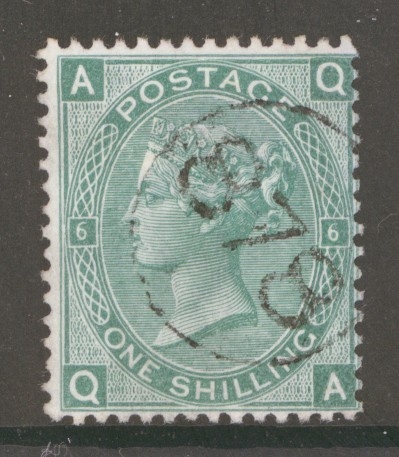 1867 1/- Green SG 117 Plate 6  Q.A.  A Very Fine Used example cancelled by a Telegraph 878 cancel.