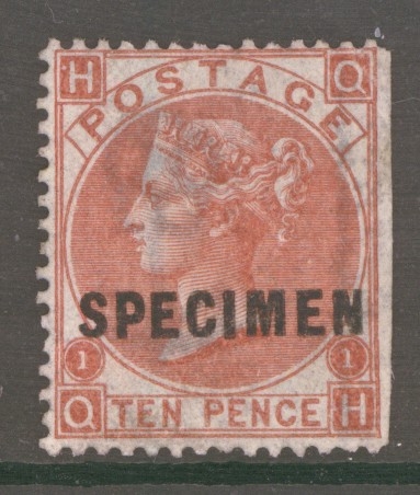 1867 10d Red Brown overprinted Specimen SG 112s   An Unused example without gum. Trimmed wing margin.  Cat £500