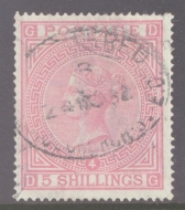1867 5/- Rose on Blued Paper SG 130 Plate 4.  A Very Fine Used  example cancelled on 21st Nov 1882 by Registered cancel. Dated One Day prior to SG record Day of issue . Extremely Rare thus, and probably unique. With RPS cert stating thinned top right