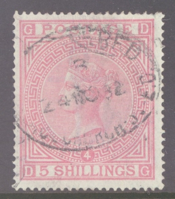 1867 5/- Rose on Blued Paper SG 130 Plate 4.  A Very Fine Used  example cancelled on 21st Nov 1882 by Registered cancel.…