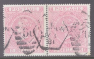 1867 5/- Pale Rose SG 127 Plate 2.  A Fine Used  pair with Good Colour. A difficult stamp in multiples. Cat £3,000example neatly cancelled by a Glasgow CDS. Cat £ 1,500+