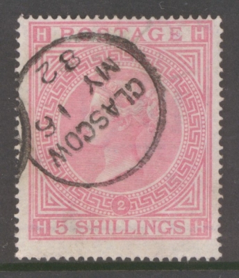 1867 5/- Pale Rose SG 127 Plate 2 H.H.  A Very Fine Used example neatly cancelled by a Glasgow CDS. Cat £ 1,500+