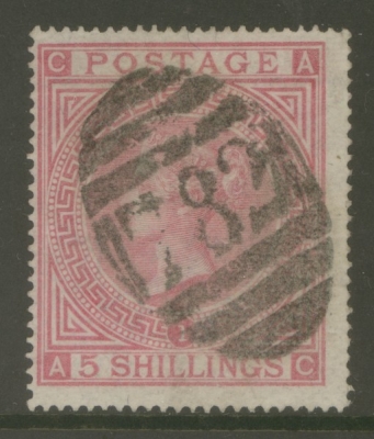 1867 5/- Rose SG 126 Plate 1  Lettered A.C.  A  Fine Used example neatly cancelled by a 782 Numeral.  Cat £675