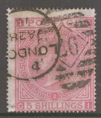 1867 5/- Rose SG 126 Plate 2  G.I.  A Fine Used example. Cat £1500