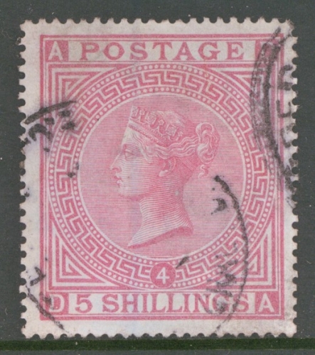 1867 5/- Rose Plate 4 SG 130 D.A.   A Very Fine Used Well Centred example leaving Queens Profile clear.  A difficult stamp as such. Cat £4,000