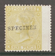 1867 9d Straw K.D. Overprinted Specimen SG 110s  A Superb Fresh U/M example. Cat £425