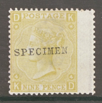 1867 9d Straw K.D. Overprinted Specimen SG 110s  A Superb Fresh U/M example. Cat £425