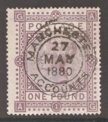 1867 £1 Brown Lilac SG 129 Lettered A.G.    A Very Fine Used example with Good Colour Neatly Cancelled by an Upright Ma…