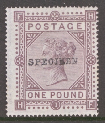 1867 £1 Brown Lilac overprinted Specimen H.F. SG 129s.  A Superb Fresh Unused example without gum. Cat £6,250